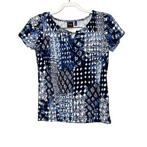 Rafaella Studio Top Womens Small Blue White Short Sleeve Blouse Cotton